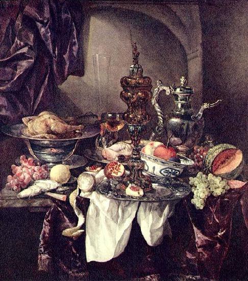 Abraham van Beijeren Still life with fruit, roast, silver- and glassware, porcelain and columbine cup on a dark tablecloth with white serviette.